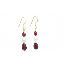 Gold Plated 925 Sterling Silver Earrings Natural Red Ruby Stone & Pearls 1.8"